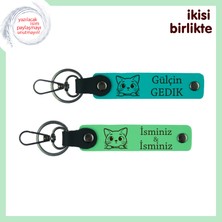 Sevgilinizle Kurulan Kedili Dünyaya Armağan, Yazılabilir Deri Anahtarlık Seti, Koyu Turkuaz-F Yeşil