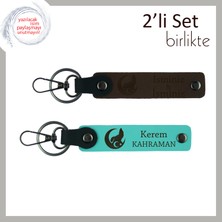 Annene Vatan Temalı Armağan – Bozkurt ve Ayyıldız Isimli Anahtarlık Seti 2'li, Koyu Kahve-Turkuaz