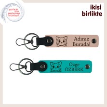 Kedili Sevgiliye Sevimli ve Anlamlı Hediye, Kişisel Deri Anahtarlık Takımı, Yavru Ağzı-Koyu Turkuaz