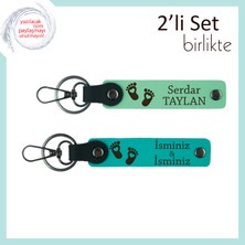 Anne ve Baba Için Kişisel Isim Yazılabilir Bebek Ayağı Figürlü Anahtarlık Takımı, A Yeşil-K Turkuaz