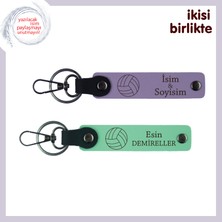 Sahada Buluşan Kalplere, Voleybol Desenli Deri Anahtarlık Seti, Isminize Özel Üretim, Mor-Açık Yeşil