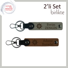 Kaptan Ruhlu Eşe Hediye, Gemi Figürlü 2’li Deri Anahtarlık Takımı, Kül Gri-Açık Kahve