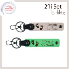 Yeni Aile Üyelerine Hatıra Olarak Sunulabilecek, Kalpli Ayak Temalı 2’li Anahtarlık, Pudra-F Yeşil