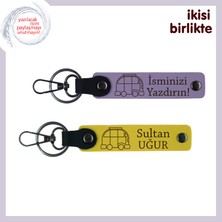 Yol Üzerinde Yazılan Aşklara , Karavan Motifli Kişisel Deri Anahtarlık Takımı, Mor Menekşe-Sarı