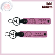 Karavan Tutkusu Olanlara Sürpriz, Kişiye Özel Isim Yazılı Deri Anahtarlık Seti, X2' Li, Pembe-Pembe