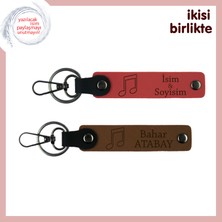 Ortak Ritimle Atan Kalplere Romantik Hatıra, Isim Yazılı Deri Anahtarlık Seti, Nar Çiçeği-Açık Kahve