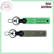 Voleybol Sevdasını Üzerinde Taşıyan Hediye, Deri Anahtarlık Seti, Fıstık Yeşil-Kül Gri
