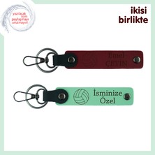 Sahada Kurulan Güven Için Armağan, Voleybol Desenli Deri Anahtarlık Seti, Isim Yazılı, Bordo-A Yeşil