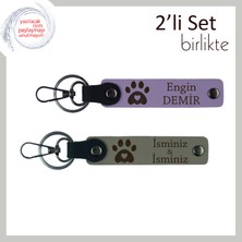 Evcil Hayvan Temalı Sevimli Hediyelik, Kalpli Pati Motifli Deri 2'li Anahtarlık Seti, Mor-Kül Gri