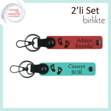 Yeni Doğmuş Bebeğin Ismiyle Kişiselleştirilebilen Kalpli Ayak Temalı Deri Set, Nar Çiçeği-Turkuaz