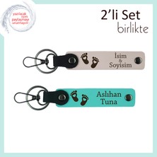 Doğumdan Sonra Verilebilecek Kişisel Hediye, Kalpli Bebek Ayağı Figürlü Anahtarlık, Pudra-Turkuaz