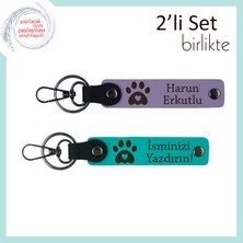 Yeni Doğmuş Yavru Kedinizin Ismiyle Kişiselleştirilebilen Kalpli Pati Anahtarlık Set, Mor-K Turkuaz