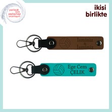 Voleybolcu Sevgiliye Romantik Sürpriz, Kişisel Deri Anahtarlık Takımı, Açık Kahve-Koyu Turkuaz