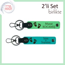 Yeni Babaya Ilk Doğum Hatırası, Kalpli Ayak Motifli Isme Özel Anahtarlık Seti, F Yeşil-K Turkuaz