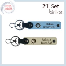 Denizcilik Temalı Kişisel Tasarım, Gemi Dümeni Motifli Deri Anahtarlık Seti, Gök Mavi-Sütlü Kahve