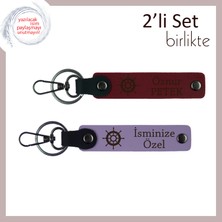 Gemi Dümeni Simgeli Anahtarlık, Isme Özel Hediyelik Set, Kişiselleştirilebilir, Bordo-Mor Menekşe