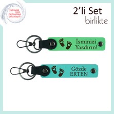 Kız Bebeğe Uygun Hediyelik, Kalpli Ayak Desenli Anahtarlık, Isim Yazılabilir Set, F Yeşil-Turkuaz