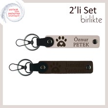 Hayvanları Seven Gençlere Sevimli Hediye, Kalpli Pati Figürlü Deri Anahtarlık Seti, Pudra-Koyu Kahve