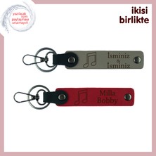 Kalpten Gelen Ezgiler Için Hediyelik, Kişiye Özel Deri Anahtarlık Seti, Kül Gri-Kırmızı