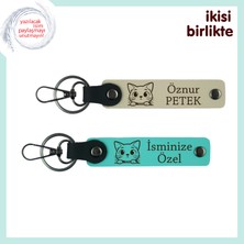 Kedili Sevgiliye Sevimli Sürpriz, Yazılabilir Deri Anahtarlık 2’li Set, Sütlü Kahve-Turkuaz