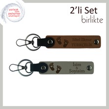 Anne ve Babaya Ortak Kullanım Için, Bebek Ayağı Kalpli Tasarımlı Deri Anahtarlık, Açık Kahve-Kül Gri