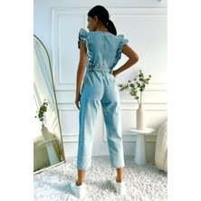 Kadın Fırfır Detaylı Kolsuz Mom Kalıp Denim Tulum