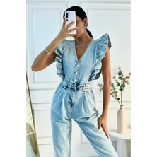 Kadın Fırfır Detaylı Kolsuz Mom Kalıp Denim Tulum