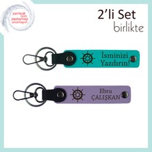 Tarzını Yansıtmak Isteyen Eşe, Gemi Motifli Kişisel Deri Anahtarlık Seti, Koyu Turkuaz-Mor Menekşe