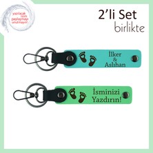 Yeni Bebek Için Hazırlanan Kalıcı Hatıralık, Kalpli Ayak Motifli Deri Anahtarlık, Turkuaz-F Yeşil