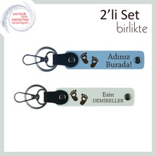 Adınızla Hazırlanabilecek Kalpli Ayak Temalı Deri Anahtarlık, Yeni Doğum Hediyesi, Gök Mavi-Beyaz