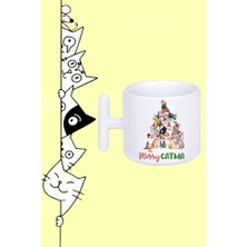 Kediler Yeni Yıl Noel Yılbaşı Tasarım Baskılı Beyaz T Sap Kupa Bardak