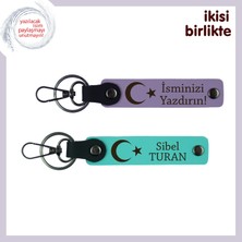 Miaju Gurur Veren Ay Yıldızlı Deri Anahtarlık, Isim Yazılabilir Vatan Temalı Hediye, Mor Menekşe-Turkuaz