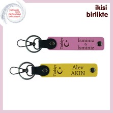 Miaju Aşkınla Bütünleşen Hediye – Ayyıldız ve Türkiye Temalı Deri Anahtarlık Takımı X2 Set, Pembe-Sarı