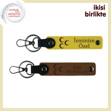 Miaju Aşkı Yaşat – Üç Hilal Desenli Kişisel Deri Anahtarlık Hediyelik Set X2, Sarı-Kahve