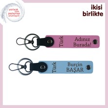 Miaju Akrabaya Anlamlı Ismeözel Hediye – Türk Yazısı Desenli Kişisel Anahtarlık, Pembe-Gök Mavi