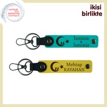 Miaju Çocuk ve Ayyıldız Desenli Hediyelik ve Kişiye Özel  2' Li Anahtarlık Seti, Koyu Turkuaz-Sarı