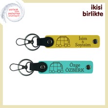Miaju Gezgin Sevgiliye Kişiye Özel Hediye, Karavan Motifli Anahtarlık Set, Isim Yazılabilir, Sarı-Turkuaz