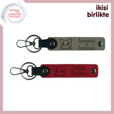 Miaju Sevgiliye ve Patili Dostunuza Birlikte Uygun Armağan, Kişisel Deri Anahtarlık Seti, Kül Gri-Kırmızı