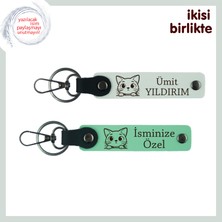 Miaju Kedi Adı Eklenebilir Hediyelik, Isimli Deri Anahtarlık Takımı X2, Beyaz-Açık Yeşil