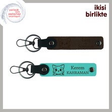 Miaju Sevgiline ve Ortak Kedinize Sevimli Hediye, Kedili Deri Anahtarlık Takımı, Koyu Kahve-Turkuaz