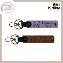 Miaju Kediyle Yaşayan Takımlere Ortak Hatıra, Isimli Anahtarlık Takımı X2’li, Mor Menekşe-Açık Kahve