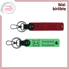 Miaju Kedili Sevgiliye Sevimli ve Anlamlı Hediye, Kişisel Deri Anahtarlık Takımı, Kırmızı-Fıstık Yeşil