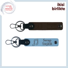 Miaju Müziğin Bağ Kurduğu Kalplere, Kişisel Yazılabilir Deri Anahtarlık Takımı, Koyu Kahve-Gök Mavi