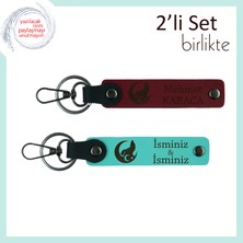 Miaju Bozkurt ve Ayyıldız Desenli Sevgiliye Hediye – Kişisel Isimli Anahtarlık Takım 2'li, Bordo-Turkuaz