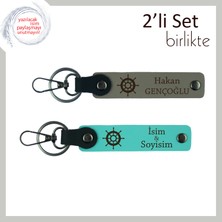 Miaju Sevgiliye Kişisel Gemi Motifli Deri Anahtarlık, 2’li Set, Isim Yazılabilir, Kül Gri-Turkuaz
