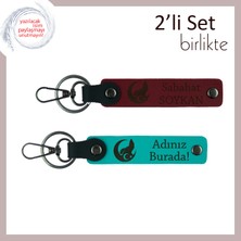 Miaju Bozkurt ve Ayyıldız Desenli Öğretmene Hediye – Isme Özel 2’li Set Anahtarlık, Bordo-Turkuaz