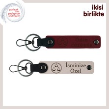 Miaju Askerlik Hatırası Olarak Özel Hediye – Üç Ayyıldızlı, Kişiye Özel Deri Anahtarlık 2' Li, Bordo-Pudra