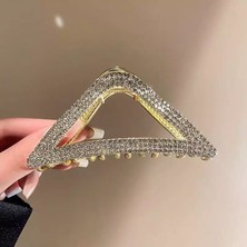 Altın Renk Büyük Mandal Metal Saç Tokası Taşlı Üçgen Desenli Şık Klips Özel Günler Için SAT-101