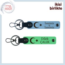 Miaju Patron Için Şık ve Anlamlı Hediye – Ay Yıldızlı Kişisel Isimli Anahtarlık Takımı, Gök Mavi-Yeşil