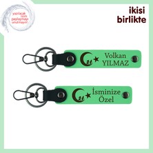 Miaju Kurumsal Hediye – Çocuk ve Ayyıldız Desenli, Isme Özel 2’li Anahtarlık Seti, Fıstık Yeşil-Yeşil